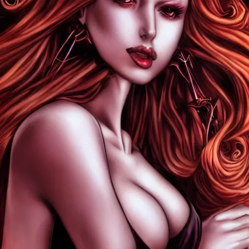 Prompt: jessica rabbit by luis royo ans wlop and artgerm, femme fatale, beautiful, dark, mysterious, detailed flawless face, dramatic darkroom lighting high exposure, head and shoulders 8 0 mm camera