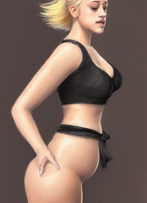 Image similar to full body portrait, teenage lili reinhart, blonde hair, obese, bangs, ponytail, sultry, realistic, sultry smirk, fluffy bangs, curly bangs, fat, belly, intricate, elegant, highly detailed, digital painting, artstation, concept art, smooth, sharp focus, illustration, art by wlop, mars ravelo and greg rutkowski