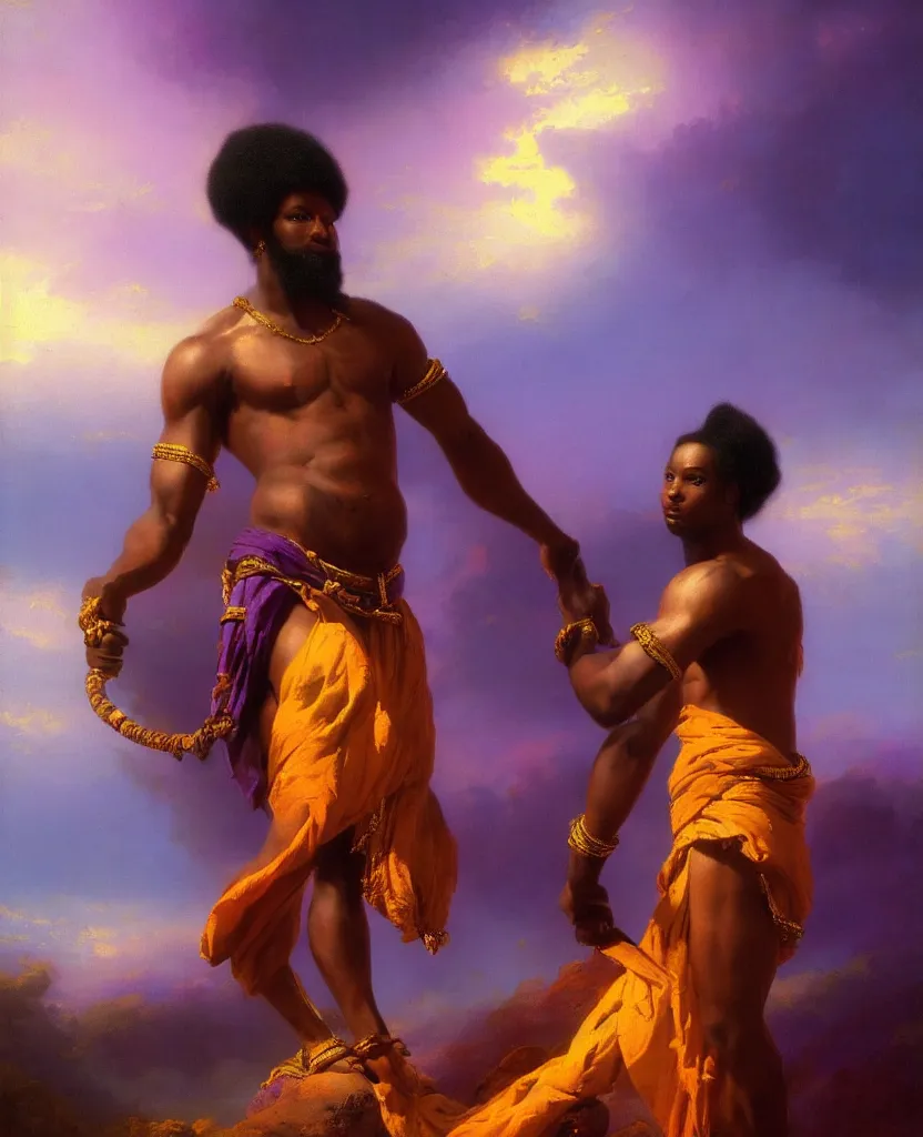 Image similar to stunning african god in a loincloth, posing against a royal purple backdrop by ivan aivazovsky, oil painting, beautiful soft lighting, saturated colours, artstation
