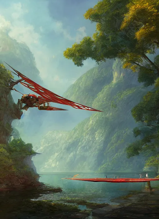 Image similar to A beautiful digital painting of an ornithopter landing platform, crystal lake, lovely valley by Stanley Artgerm Lau, Rossdraws, James Jean, gerald brom, Andrei Riabovitchev, Marc Simonetti, and Sakimichan, trending on artstation