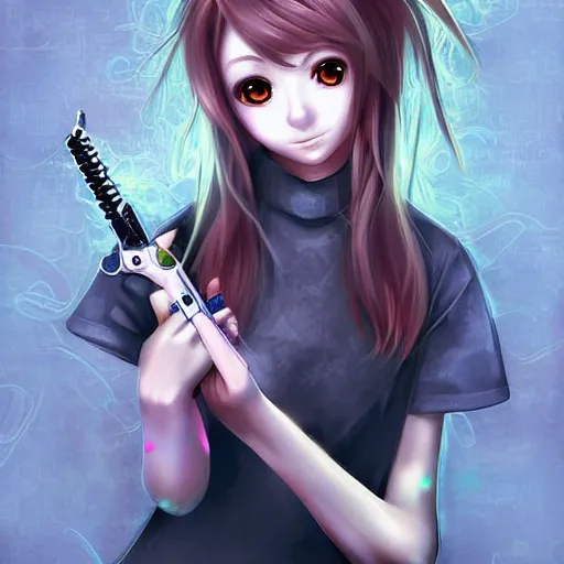 Image similar to portrait of a cute beautiful girl holding a balisong, anime digital art, creepy