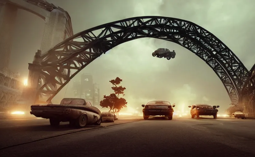 Prompt: explosions in the form of realistic cotton plants cover harbour bridge, smooth, sharp focus, highly detailed, 3 d octane render, epic lighting, dark atmosphere, post apocalyptic, rust cars, 8 k, by goro fujita