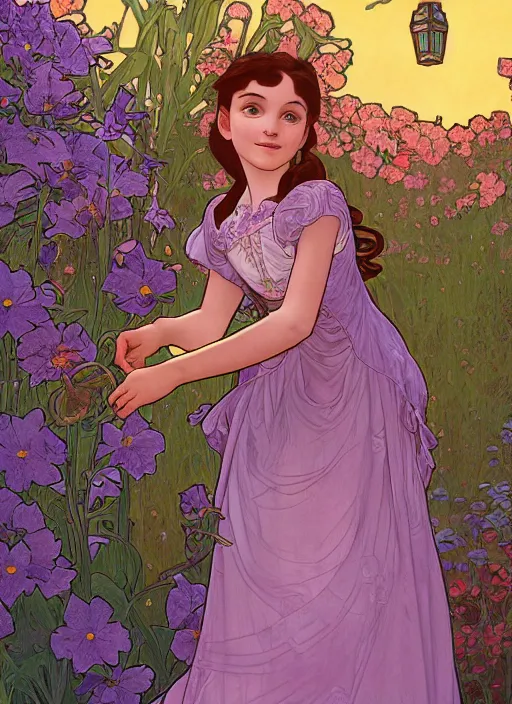 Image similar to well - lit art nouveau portrait of a 1 3 - year old girl wearing a sundress in a flower garden with lanterns at night, natural lighting, path traced, highly detailed, high quality, cartoon, digital painting, by don bluth and alphonse mucha and ross tran