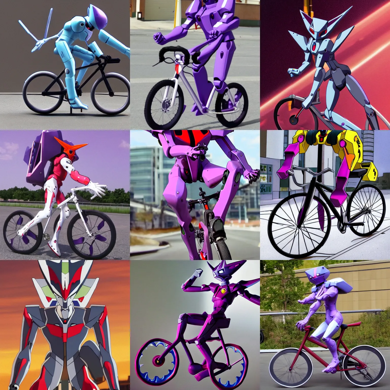 Prompt: eva 0 1 testtype from evangelion riding a bicycle