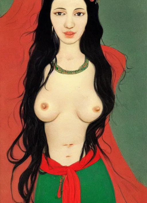 Prompt: a portrait of the most beautiful woman in the world with long black hair that extends past her waist with locks of hair that frame her face down to her chin and shows off her high forehead, dark brown eyes with long, voluminous eyelashes and pale skin, narrow waist and very large chest, wearing a revealing red V-neck blouse a loose sarong with the green symbol of the Kuja adorned on it, along with a white cape sporting epaulettes more commonly found on the jackets of high-ranking Marines, and red high heel pumps, pink hearts in the background , romantic themed, beautiful face, intricate, highly detailed, digital painting, artstation, concept art, smooth, sharp focus, illustration