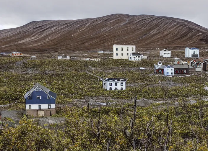 Prompt: desolate abandoned longyearbyen, taken over by nature, houses covered in vines