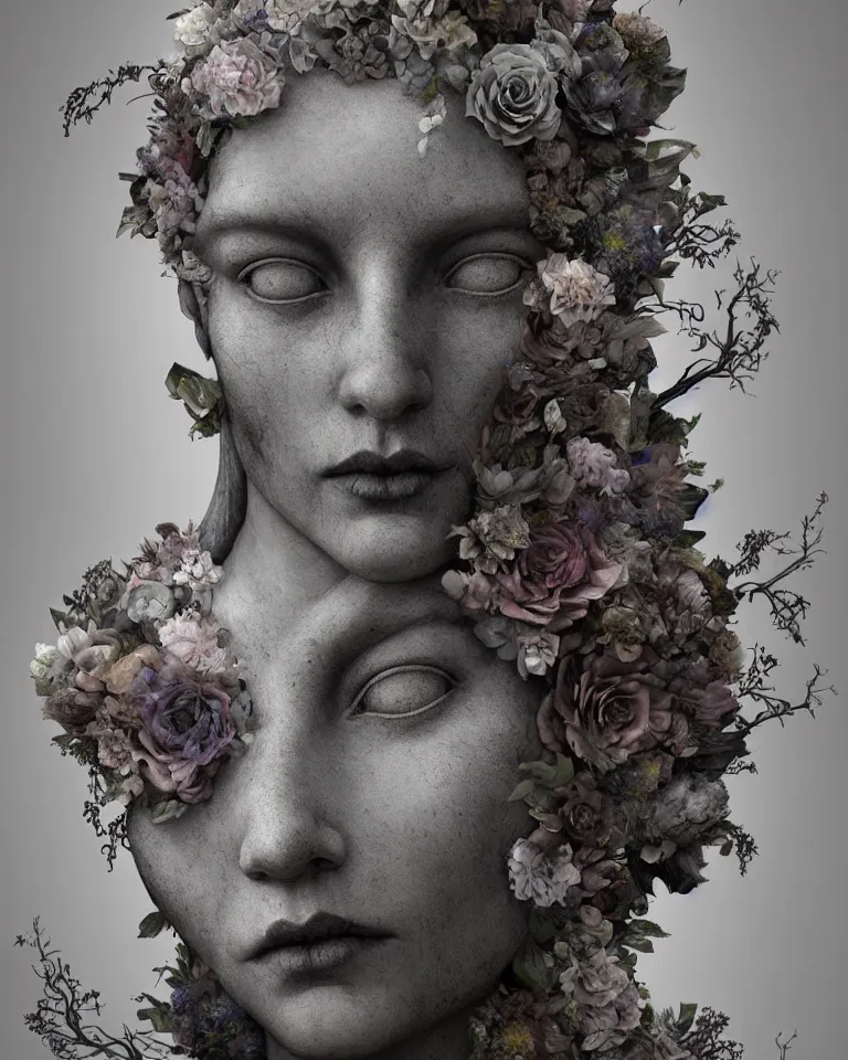 Image similar to a digital painting of the face of a gothic cemetery statue made of mist and flowers, cinematic lightning, Andrew Ferez, Charlie Bowater, Marco Mazzoni, Seb McKinnon, Ryohei Hase, Alberto Seveso, Kim Keever, trending on cgsociety, featured on zbrush central, new sculpture, mystical