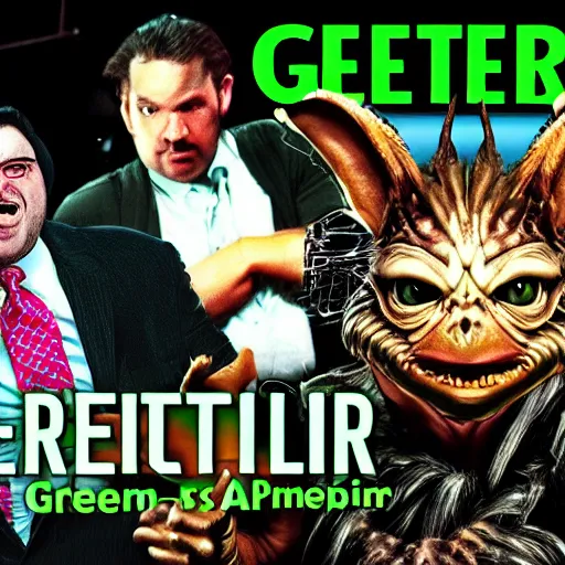 Prompt: Gremlins vs Predator hyperreal film noir detective green screen movie set with live action practical effects | Detective Predator | Gremlin President