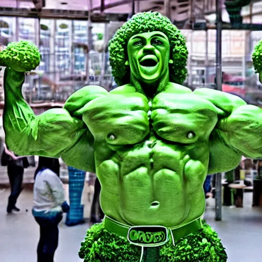 Image similar to sculpture of a bodybuilder made entirely from fresh broccoli by antoni gaudi