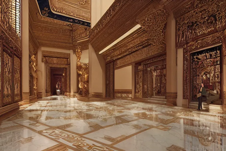 Image similar to Fantasy Asian inspired wide royal palace foyer with infinitely high ceilings, infinitely long corridors, wide grand staircase, Buddhist imagery, bejeweled, natural lighting, digital painting, concept art by Shaddy Safadi