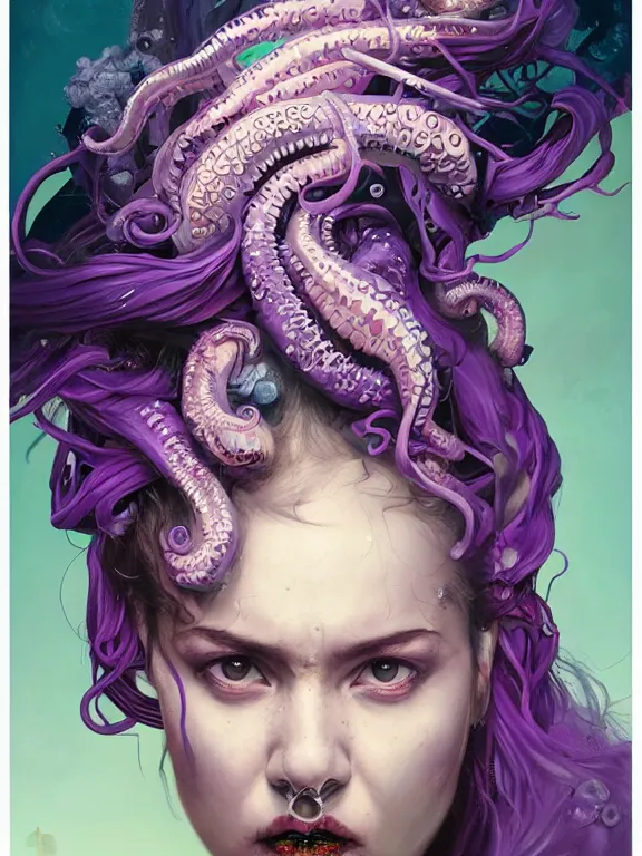 Image similar to art portrait of a furious girl with purple tentacles on her head,8k,by tristan eaton, Stanley Artgermm,Tom Bagshaw,Greg Rutkowski,Carne Griffiths,trending on DeviantArt,face enhance,hyper detailed,minimalist,cybernetic, ,full of colour