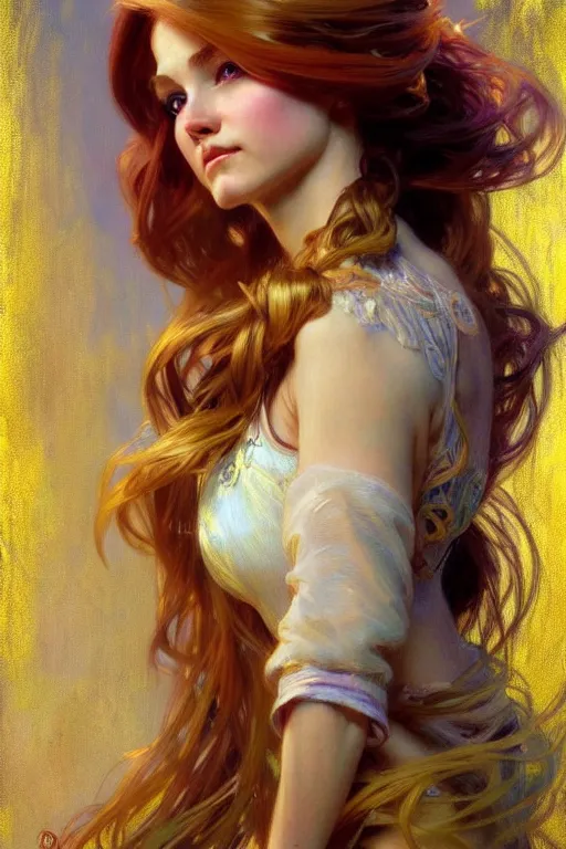 Image similar to rapunzel gold hair, painting by daniel gerhartz, alphonse mucha, detailed art, artstation