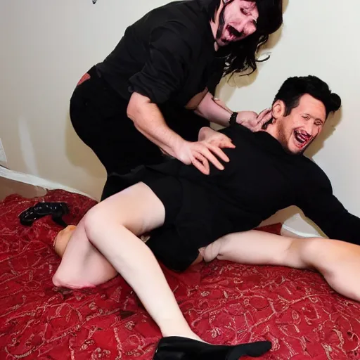 Prompt: lady dimitrescu crushing markiplier's head between her legs,