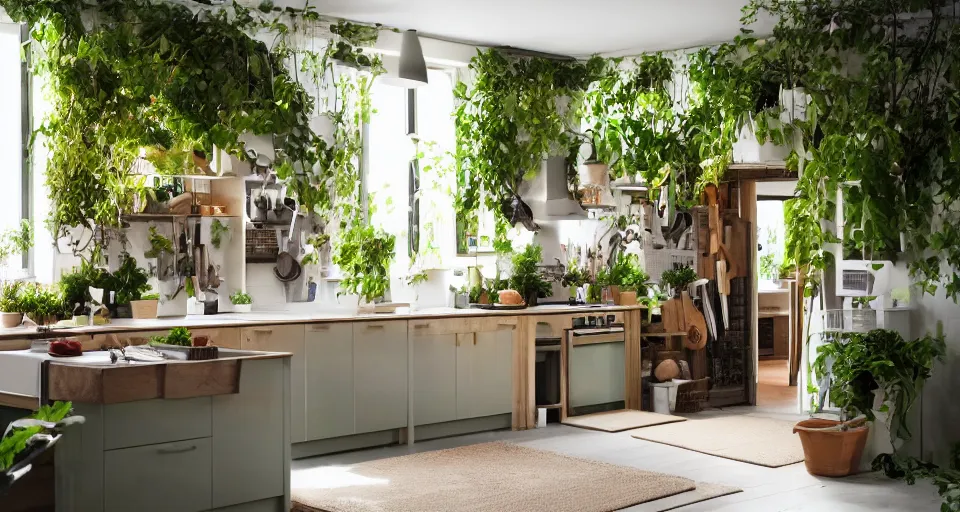 Image similar to IKEA catalogue photo, high end farm house style kitchen, sand piled in corners, dust, organic, vines, overgrown, tropical, by Dali