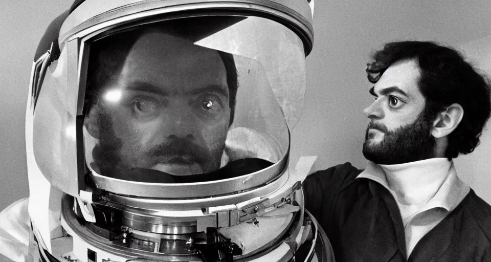 Prompt: a 1960s portrait photo of Stanley Kubrick on a movie set of 2001: space odyssey, 8K HD, old photo, highly detailed
