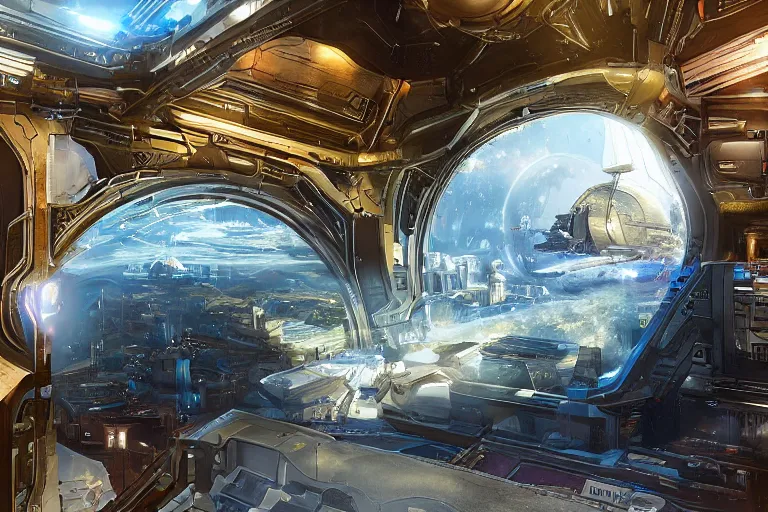 Image similar to interior of space base with a huge window, on the window you can see the planet below clearly, sharp focus, concept art, very detailed, very realistic, trending on artstation, in the style of star citizen, star wars, overwatch, elite dangerous, beautifull, sci fi,