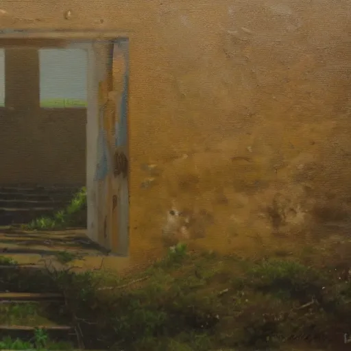 Image similar to A place in time, long forgotten, abandoned, oil on canvas