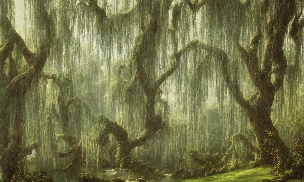 Prompt: weeping willows, misty garden, thomas cole, lord of the ring, intricate details