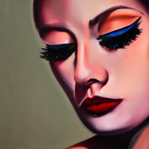 Prompt: hyperrealism oil painting, fashion model portrait, black lips, pink eyelashes