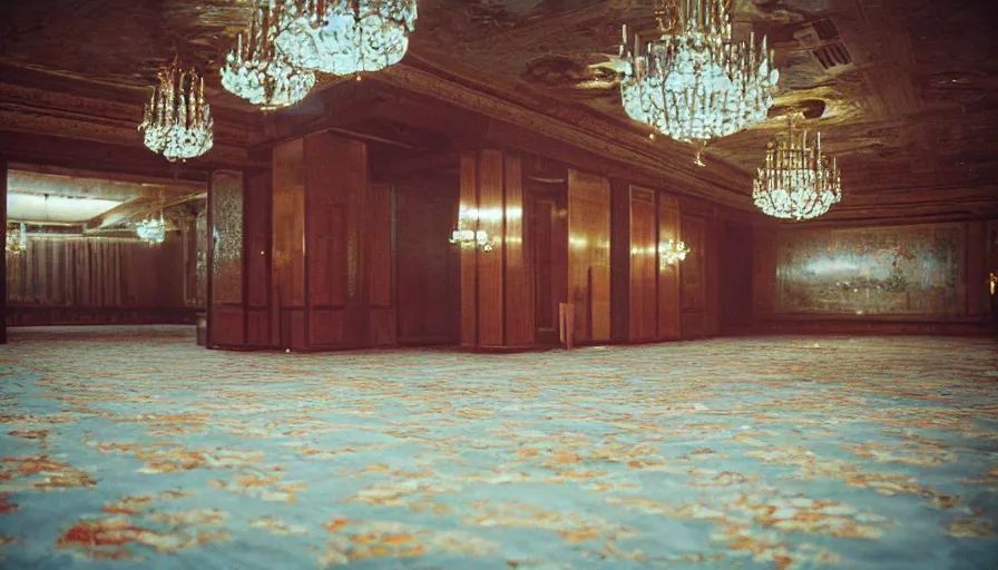 Image similar to 2010s movie still of empty north-korean royal restaurant palace, Cinestill 800t 35mm, heavy grain, high quality, higly detailed