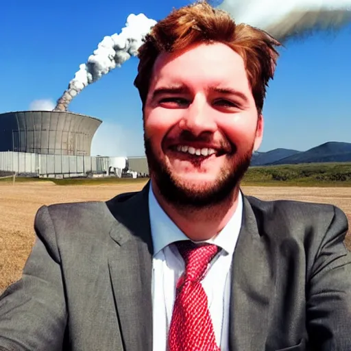 Image similar to a man smiling, in the background is a nuclear reactor which is exploding, hyper realistic, selfie, very detailed.