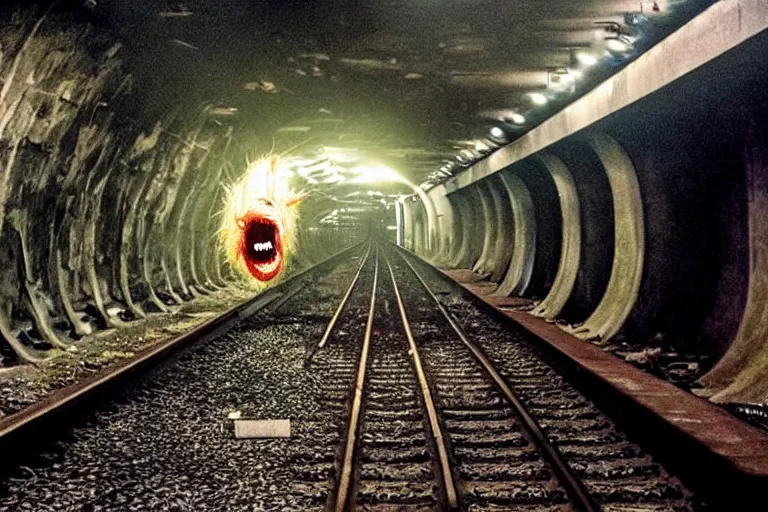 Prompt: very large giant mutant zombie irradiated ( angry rat ) staying on railways in tonnel of moscow subway. tonnel, railways, giant angry rat, furr, fangs, very realistic. extreme long shot, rusty colors, anish kapoor, ( herman nitsch, giger ).