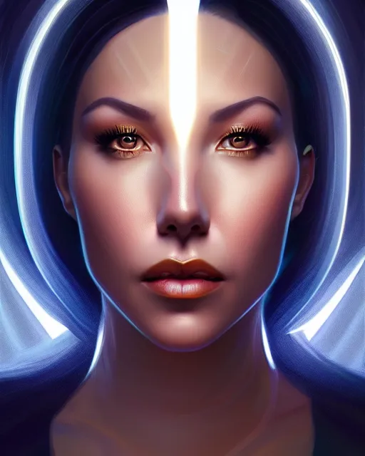 Image similar to symmetry portrait of jodi arias cyborg, glam, deco, glowing halo intricate, elegant, highly detailed, digital painting, artstation, concept art, smooth, sharp focus, illustration, art by artgerm and greg rutkowski and fra angelico and unreal engine 5