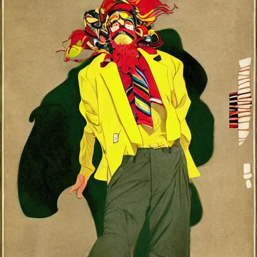 Image similar to art by joshua middleton, the yellow creeper, a tall manically smiling yellow - skinned man with green and black striped cycling shorts and wearing a long red feather boa, yellow makeup, mucha, kandinsky, poster, comic art, stylised design