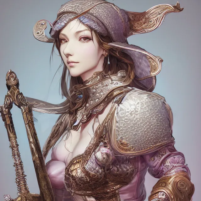 Image similar to studio portrait of neutral good colorful female cleric bard healer as absurdly beautiful, elegant, young skinny gravure idol, ultrafine hyperdetailed face illustration by kim jung gi, irakli nadar, intricate linework, sharp focus, bright colors, octopath traveler, final fantasy, unreal engine highly rendered, global illumination, radiant light, detailed and intricate environment