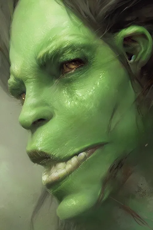 Image similar to green orc female, light green tone beautiful face, by greg rutkowski, by jeremy mann, digital painting