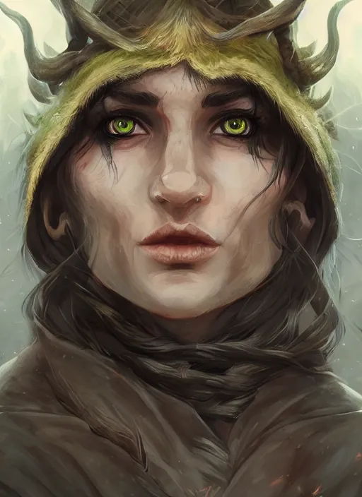 Prompt: face portrait of an elf druid with yellow eyes, perfect face details, symmetry, digital painting, trending on artstation and deviantart, epic composition, dynamic, highly detailed, ross draws, wlop, 8 k