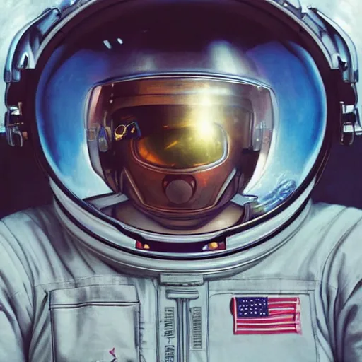 Image similar to a close up painting of an astronaut floating in space. his helmet visor is dark and reflective. you can see the reflection of the photographer in his helmet visor. by artgerm and greg rutkowski and alphonse mucha