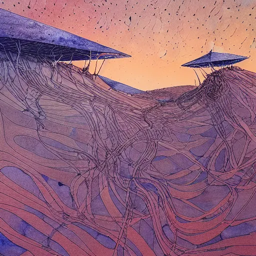 Image similar to desert landscape painting at twilight, watercolor, pen and ink, intricate lines, elegant, extreme detail, smooth, sharp focus, art by james jean