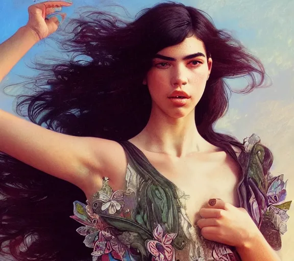 Image similar to photography dualipa with hands - up and hairy armpits, deep focus, intricate, elegant, highly detailed, digital painting, artstation, concept art, matte, sharp focus, illustration, art by artgerm and greg rutkowski and alphonse mucha and gil elvgren