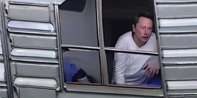 Prompt: full distant shot of balding elon musk in a tracksuit drinking beer in filthy trailer, by ken loach