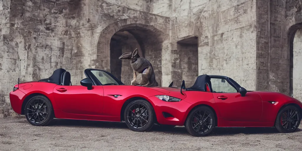 Image similar to a wide angle photograph of a grey rabbit posing with their red mazda mx-5