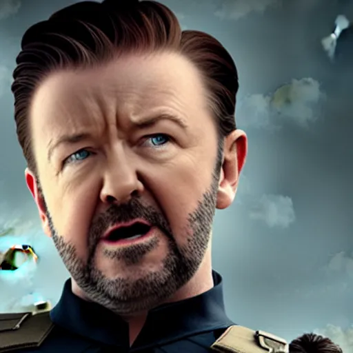 Prompt: a film still of ricky gervais as captain america