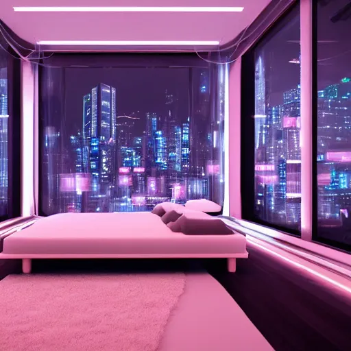 Image similar to a futuristic luxury white bedroom with ceiling high windows looking out to a cyberpunk cityscape with flying cars, night time, neon lights, cinematic 3d render