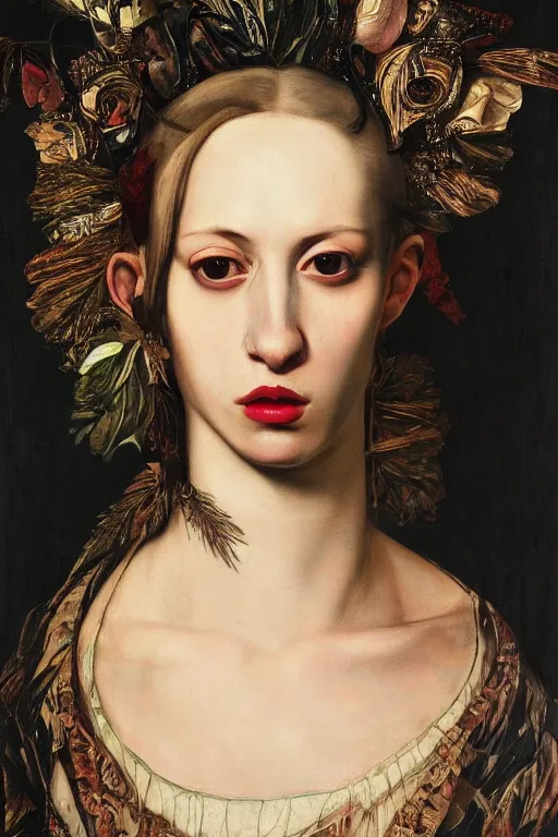 Image similar to Detailed maximalist portrait a with large lips and with large eyes, exasperated expression, fleshy botanical, figurative high fashion, HD mixed media collage, highly detailed and intricate, in the style of Caravaggio and Jenny saville, dark art, baroque