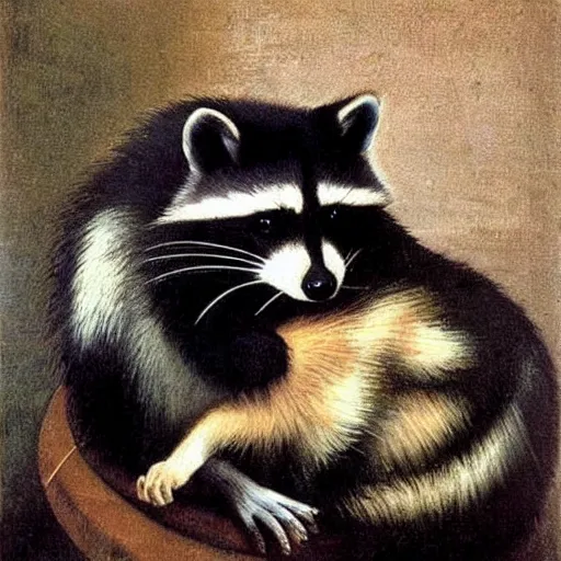 Prompt: a racoon cuddling a cat as a painting from caravaggio