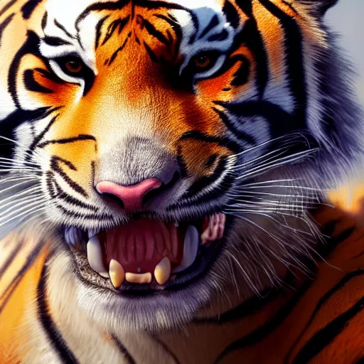 Image similar to A close up shot of a tiger, ultra high detailed, oil painting, Greg Rutkowski, Charlie Bowater, Yuumei, Yanjun Cheng, unreal 5, DAZ, hyperrealistic, octane render, RPG portrait, dynamic lighting, fantasy art, beautiful