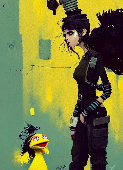 Image similar to highly detailed portrait of a moody sewerpunk young adult muppet lady by atey ghailan, by greg rutkowski, by greg, tocchini, by james gilleard, by joe fenton, by kaethe butcher, gradient yellow, black, brown and cyan color scheme, grunge aesthetic!!! ( ( graffiti tag city background ) )