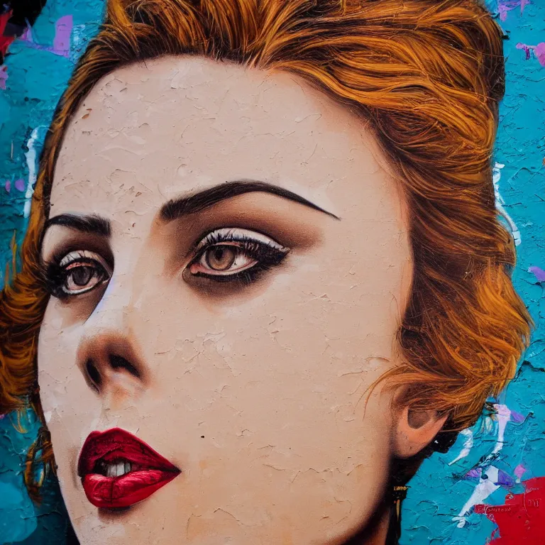 Image similar to Detailed street-art portrait of Scarlett Ingrid Johansson in style of Eduardo Korba, detailed face, high quality