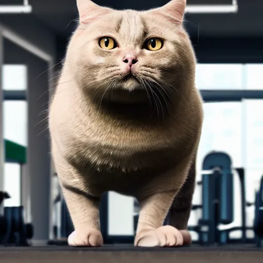 Image similar to a very fat cat doing exercises at the gym, photorealistic, hd