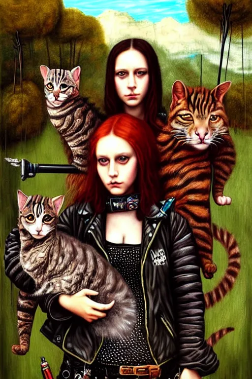 Image similar to punk rock girls making selfie with kind cats in jungle , mad max jacket, post apocalyptic, renaissance, highly detailed, digital painting, oil painting by Leonardo Da Vinci, hyper realistic style, fantasy by Olga Fedorova