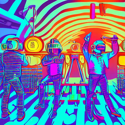 Image similar to painting of Daft Punk dancing on the stage in front of the crowd, colorful lights, illustration, artistic, hyper detailed,