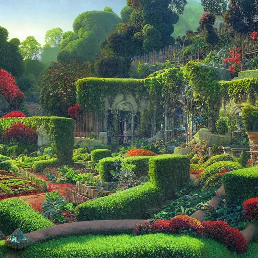 Prompt: highly detailed vegetable garden las pozas, lots of leaves, fence line, detailed. rule of thirds. intricate. sharp focus. wide angle. unreal engine 8 k. painting by maxfield parrish. wlop. greg rutkowski.