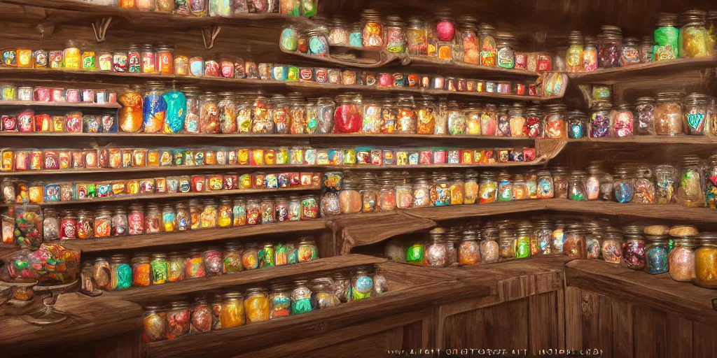 Image similar to Inside an old sweet shop, large jars on shelves with labels, fantasy vendor interior, wide angle, cinematic, highly detailed, photorealistic, rich bright colors, trending on artstation