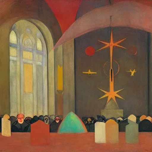 Image similar to apocalyptic scene,prayer,occult,refugees,mosque synagogue interior,masks,geometric art,prism,patina,edward hopper,hilma af klint