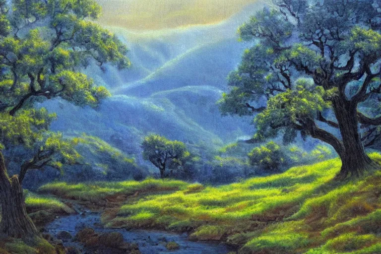 Image similar to masterpiece painting of oak trees on a hillside overlooking a creek, dramatic lighting, by kinuko craft